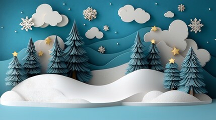 Layered paper cut artwork depicting a serene winter forest landscape with tall pine trees soft snow on the ground and delicate layers of falling snowflakes creating depth and a peaceful tranquil feel