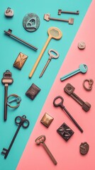 Obraz premium A colorful arrangement of various keys on a split background for decorative or artistic purposes.