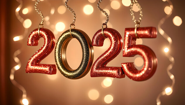 Bright and colorful '2025' numbers hanging from shiny serpentines, perfect for New Year’s celebrations and holiday decorations in vibrant style - Powered by Adobe