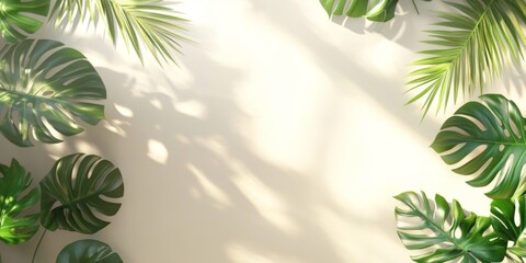 composition where Monstera leaves cast beautiful, intricate shadows against a white or pastel background, capturing the feel of sunlight filtering through a tropical plant