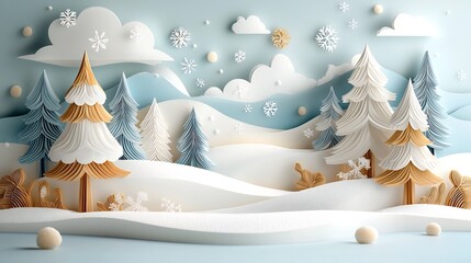 Layered papercut artwork depicting a peaceful snowy forest landscape with tall pine trees soft snow on the ground and delicate layers of falling snowflakes creating depth and a tranquil
