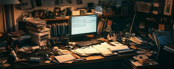 Nighttime desk scene in warm lighting, cluttered workspace with a computer, documents, and scattered office supplies