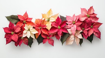 Isolated poinsettia flowers arranged against a white backdrop