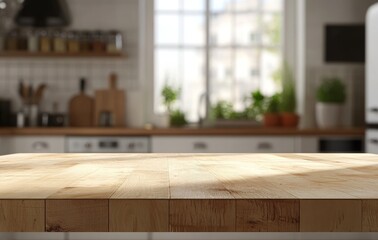 Wooden table top in a kitchen with a blurred background.