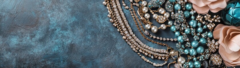 A collection of elegant jewelry and decorative flowers on a textured background.