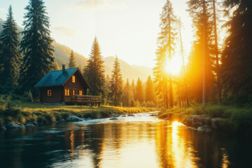Fototapeta premium Paisagem de floresta com casa isolada de frente para um lago. A imagem transmite paz e tranquilidade, perfeita para criar um ambiente relaxante e inspirador.
