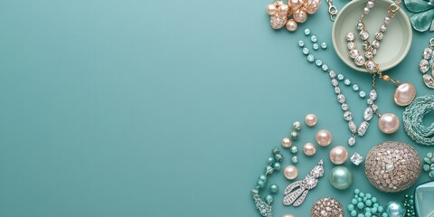 Fototapeta premium A collection of elegant jewelry pieces arranged on a teal background for display or sale.
