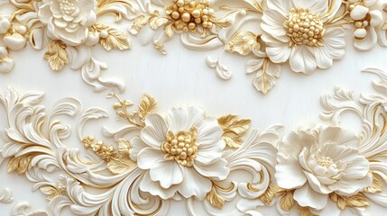 Elegant white and gold floral wall panel featuring intricate designs and details