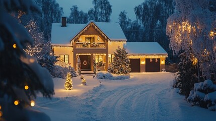 A beautifully decorated house exterior with festive lights and ornaments in the snow illuminated at night