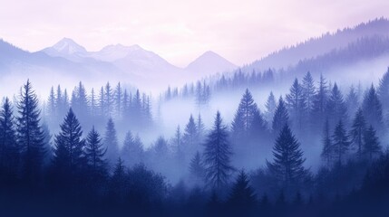 Realistic illustration of a foggy forest in the mountains during the morning evoking a mystical atmosphere