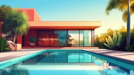 Illustration of a designer villa featuring a swimming pool