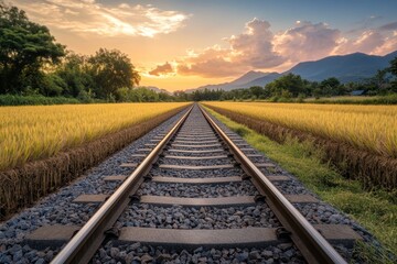 Fototapeta premium Trains Passing Through Rice Fields at Sunset