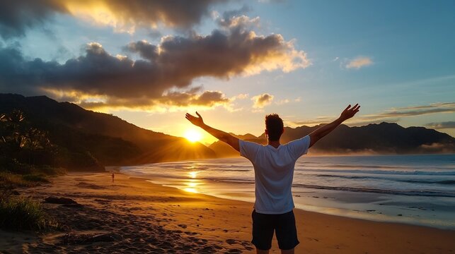 Photograph of a man standing on a serene beach arms open wide to welcome the fresh vibrant sunrise  The image captures the essence of positive energy hope and new beginnings as the new day dawns