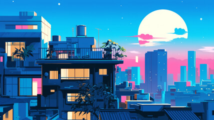 1970年代、1980年代のシティ･ポップをイメージしたグラフィックアート,都会,レトロポップ,懐かしい,エモーショナル,背景素材