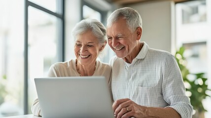 An elderly couple smiling while reviewing a retirement savings plan on a laptop, feeling prepared for the future