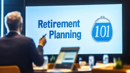 A professional presenting financial literacy concepts, with a "Retirement Planning 101" presentation on the screen