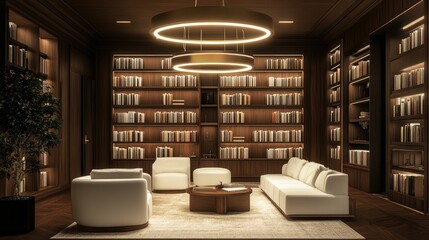 Stylish contemporary library featuring tiered pendant lighting white leather seating and neatly organized bookshelves against a nature inspired backdrop