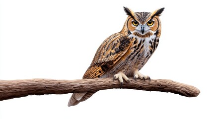Naklejka premium Majestic Great Horned Owl Perched on Branch Wildlife Photography