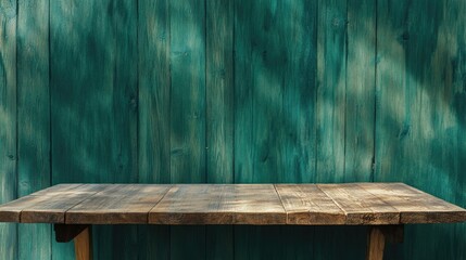 Wooden table set against a green wooden backdrop prepared for product display montage High quality image