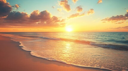 Tranquil summer sunset over a peaceful golden sea and white sandy beach ideal for adding text or captions