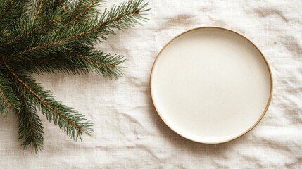 Christmas themed menu mockup featuring an empty plate alongside fir tree branches on a linen tablecloth in soft neutral hues