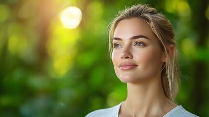 Fototapeta premium Portrait of a woman practicing yoga in a peaceful lush outdoor setting with soft natural light capturing a moment of tranquility and positive energy