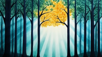 Serene Sunlit Forest Teal Trees Golden Canopy Peaceful Nature Scene