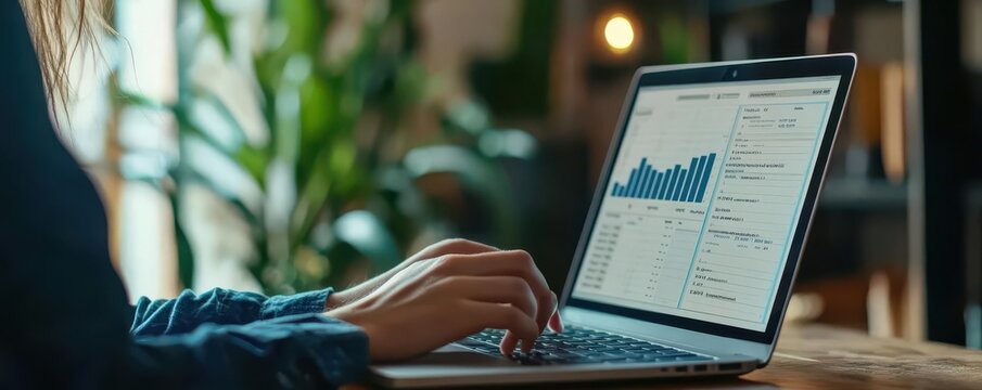 A young professional learning about financial literacy basics on a laptop, with retirement planning charts on screen