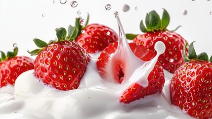 Fresh strawberries splashing into creamy milk or yogurt isolated on a clean background