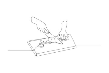 Continuous single-line art drawing of hands cutting cucumber with a knife. Cutting vegetables concept outline vector. 