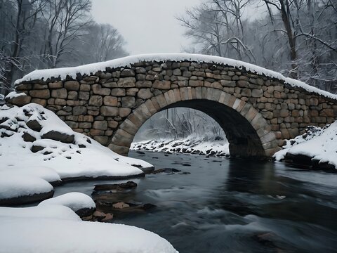 Stone Arch Bridge Over Snowy River in Winter - Powered by Adobe