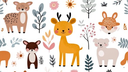 Cute Woodland Animals Seamless Pattern Deer Fox Bunny Floral Design Kids
