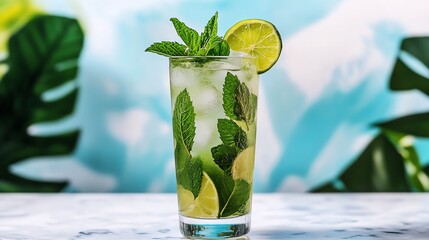 Refreshing Mojito Cocktail Recipe Tropical Beach Bar Beverage Photography Vibrant Summer Setting Close-Up Perspective Summer Refreshment