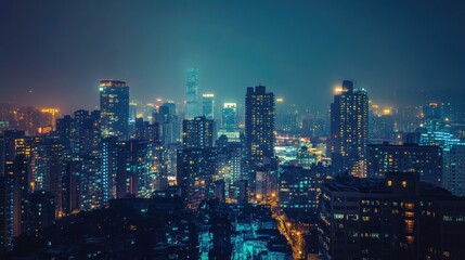 Naklejka premium Nighttime Skyline of a Densely Populated City