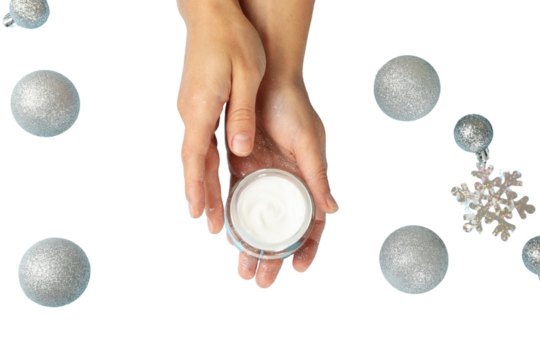 PNG, Winter cosmetics, cream with Christmas decorations, isolated on white background.