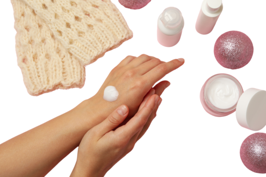 PNG, Winter cosmetics, cream with Christmas decorations, isolated on white background.