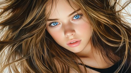 Fototapeta premium Stunning Woman with Long Brown Hair and Blue Eyes Close up Portrait