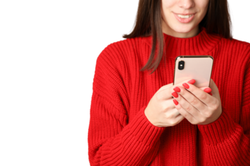 PNG, Winter cosmetics, a girl holding a smartphone, isolated on a white background.