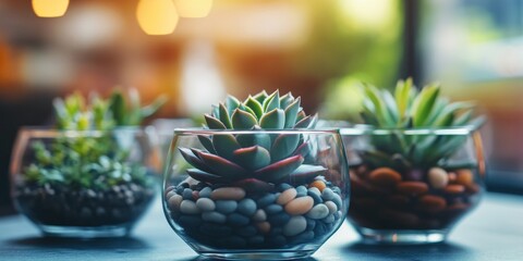 Several small glass terrariums filled with succulents, moss, and pebbles, styled in an indoor setting with soft lighting