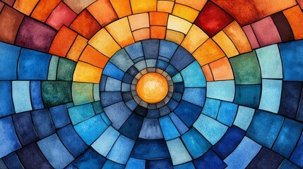 Naklejka premium Abstract Watercolor Sunburst Mosaic Blue Orange Red Teal Background Texture Design