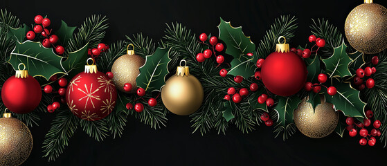 Christmas background with red and gold ornaments, green holly leaves and berries on a black background, generative AI