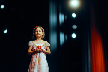 Little Princess Holding an Apple Smiling on Stage. Cute and adorable girl acting and performing in...