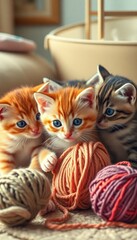 Fototapeta premium A group of adorable kittens playing with yarn balls in a cozy indoor setting.