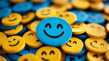 Vibrant Workplace Emoji Tokens for Employee Wellbeing and Morale  Colorful smiley face icons representing positive mental health support and encouragement in a professional office environment