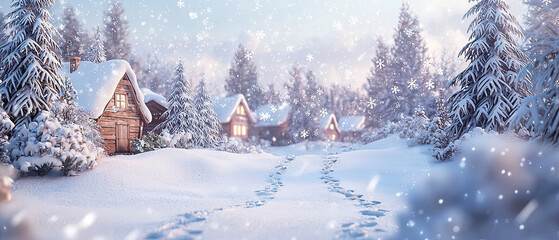A beautiful snow-covered landscape with cozy wooden houses and pine trees, generative AI