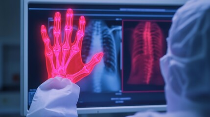 Detailed X Ray Image Highlighting Skeletal Structure of Human Hand and Fingers for Medical and Healthcare Purposes  Anatomical Scan for Diagnosis Study or Treatment of Injuries or Conditions