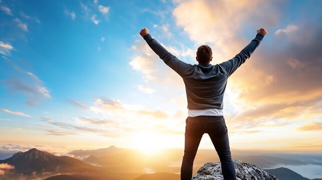 Victorious Silhouette of a Person Raising Arms in Triumph on a Mountainous Horizon at Sunrise Symbolizing Reaching Goals and Celebrating Achievement