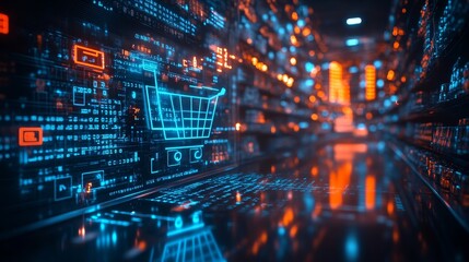 Obraz premium Digital hologram of a shopping cart on a digital background with stock market data, global network, and cyber connections. Represents online e-commerce, digital marketing, and business technology.