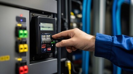 Worker Using Digital Interface to Monitor and Control Energy Storage System for Renewable Energy Grid Infrastructure