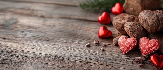 Heartfelt chocolate arrangement with red hearts on a rustic wooden surface creating a cozy and romantic mood for Valentine s Day or other special occasions